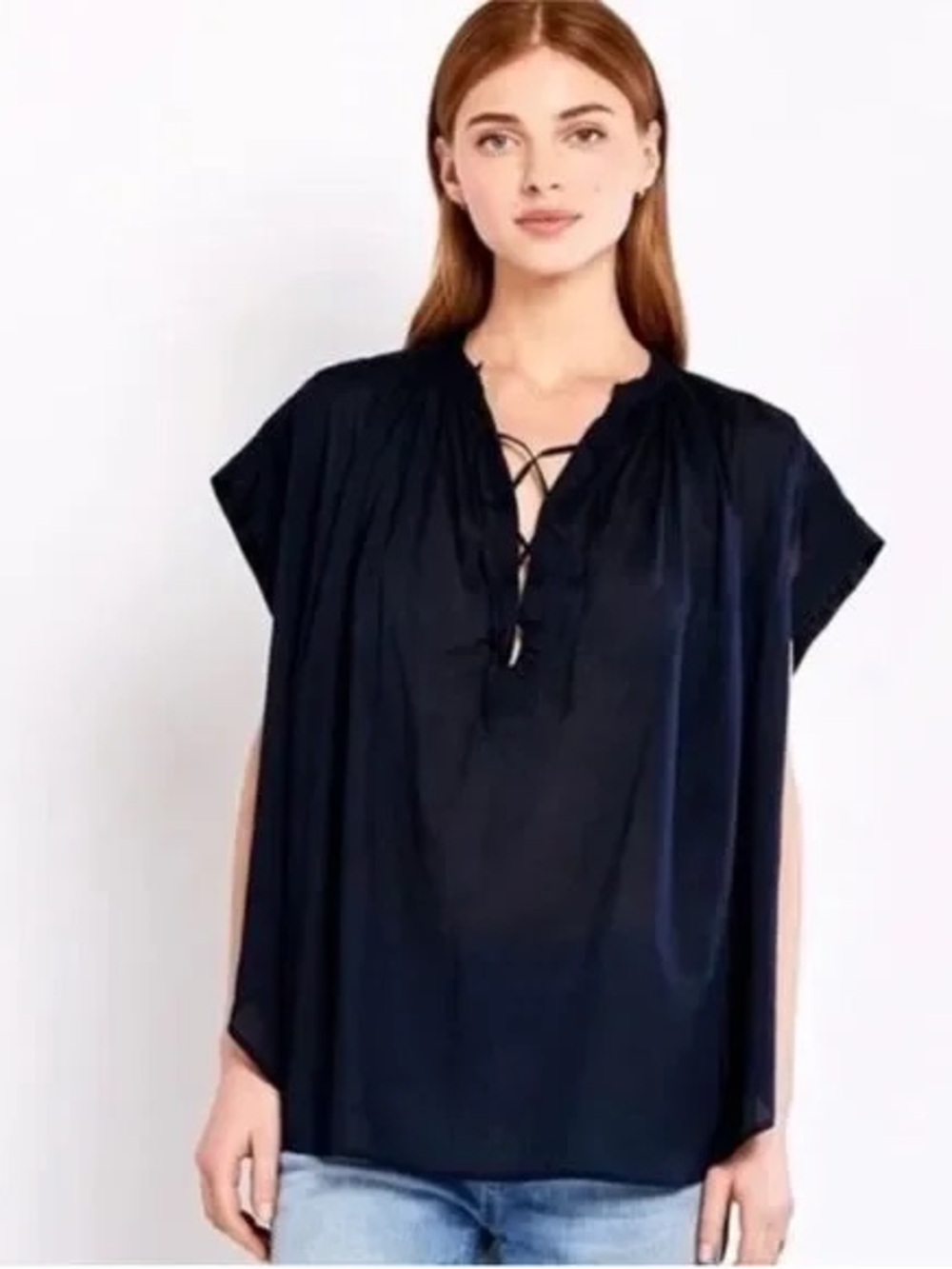 Nili Lotan Navy Blue Cotton Top Lace Up , sz : medium